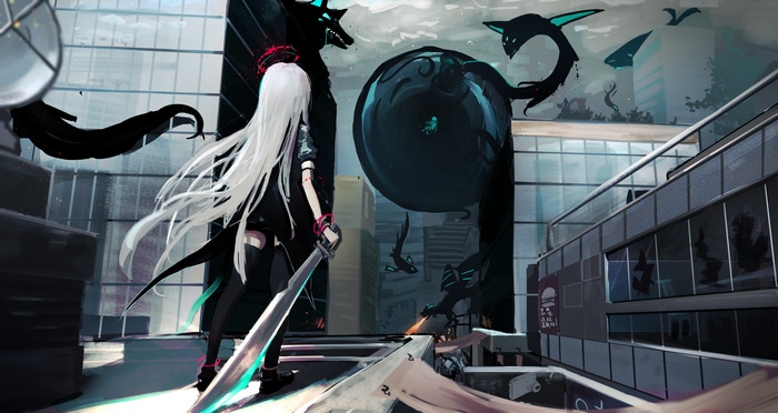 Girl with sword and wolf creature in city