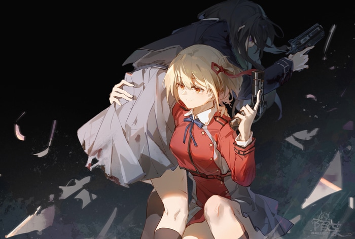 Lycoris Recoil: Nishikigi Chisato and Inoue Takina with Guns