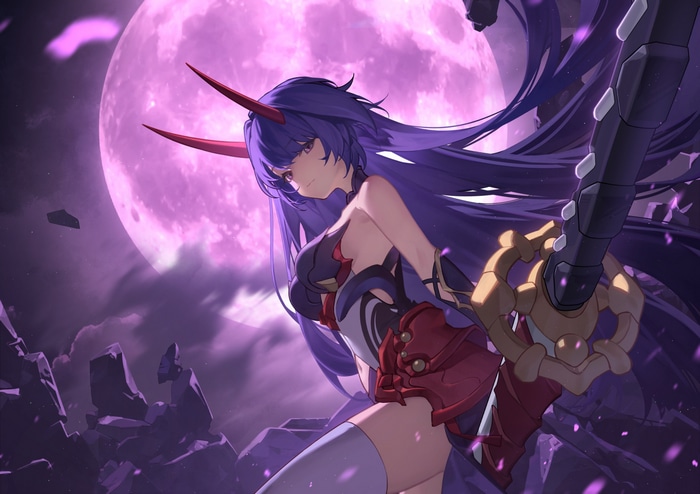 Raiden Mei with horns and sword under a large moon