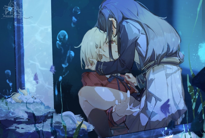 Nishikigi Chisato and Inoue Takina in an aquarium