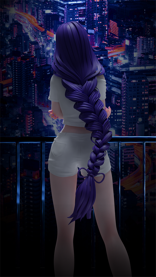 Raiden Shogun with purple hair overlooking a city