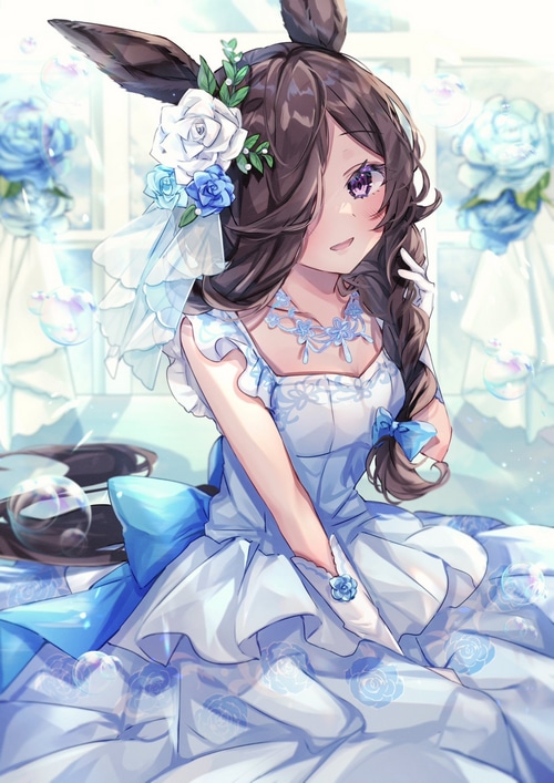 Rice Shower in a White and Blue Dress