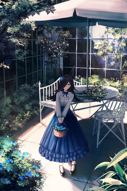 Rice Shower with Blue Roses in a Garden