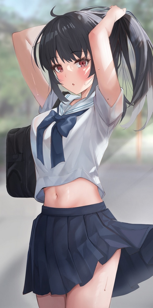 Anime schoolgirl with red eyes tying her hair