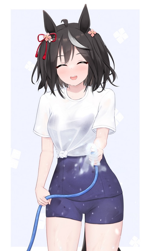 Kitasan Black from Uma Musume holding a hose