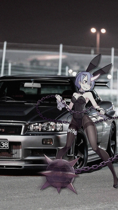 Rem in a bunny outfit with a flail and Nissan Skyline R34