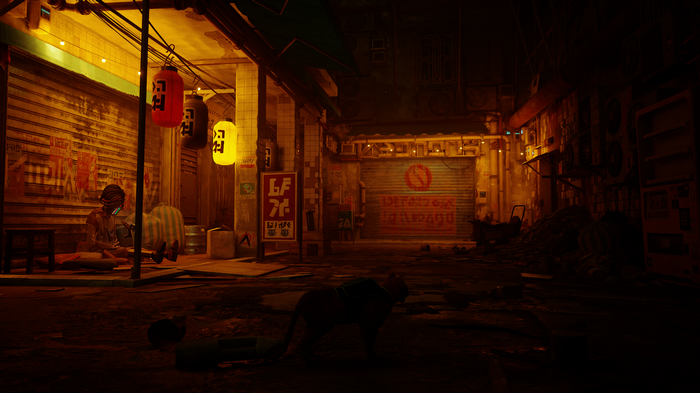 Cat in a dark alley with robots and lanterns