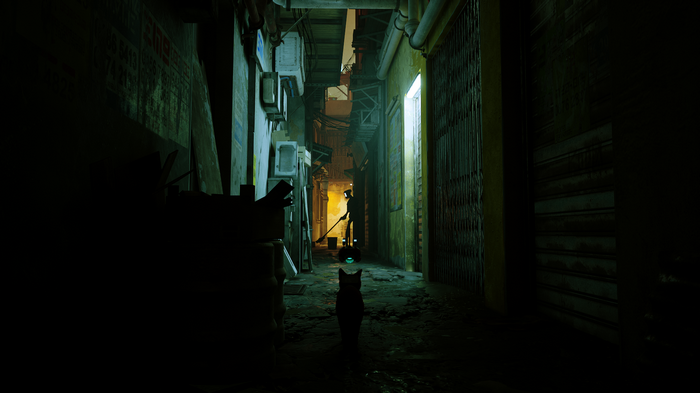 Stray: Cat in a futuristic alleyway with a robot
