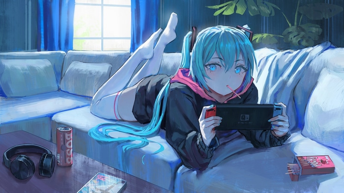 Hatsune Miku playing Nintendo Switch on a couch
