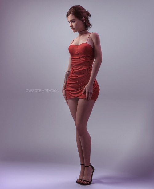 Ellie Williams in a red dress with tattoos