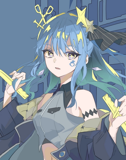Hoshimachi Suisei fan art with blue hair and scissors