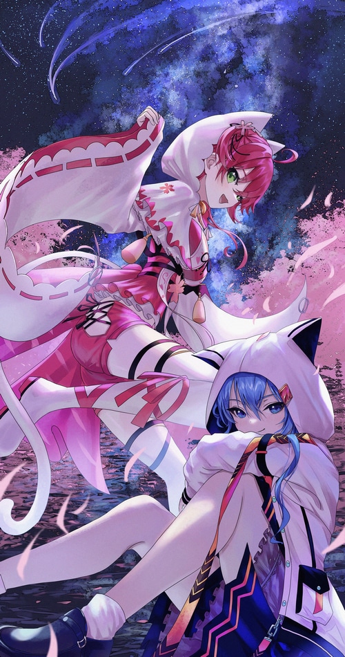 Sakura Miko and Hoshimachi Suisei under a starry sky