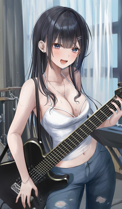 Myowa playing a black electric guitar