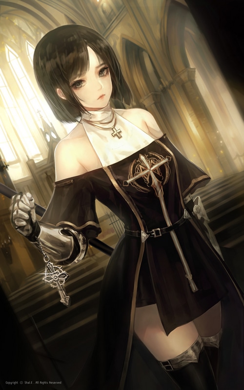 Anime nun with cross in a church