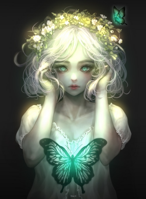 Fantasy girl with glowing butterflies and flower crown
