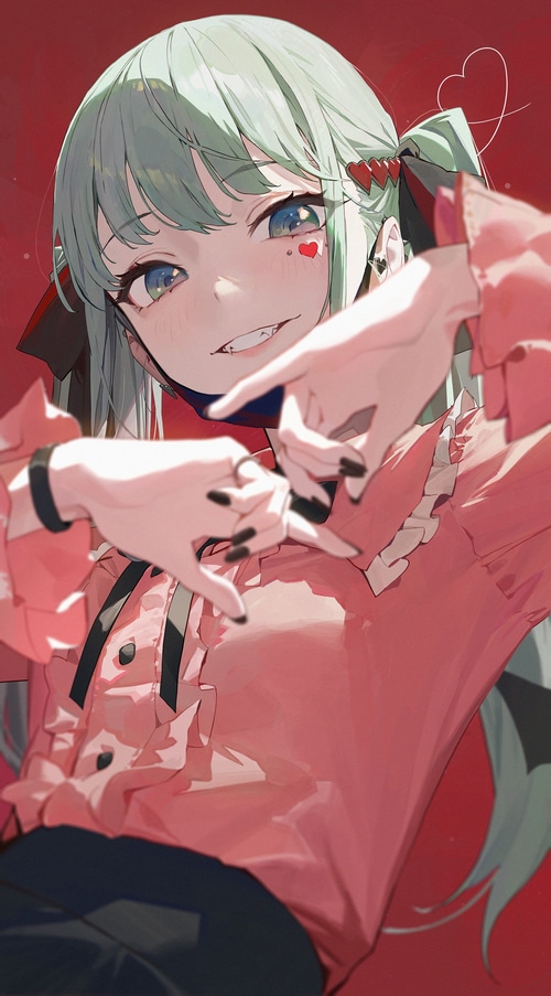 Anime girl with green hair and heart accessories