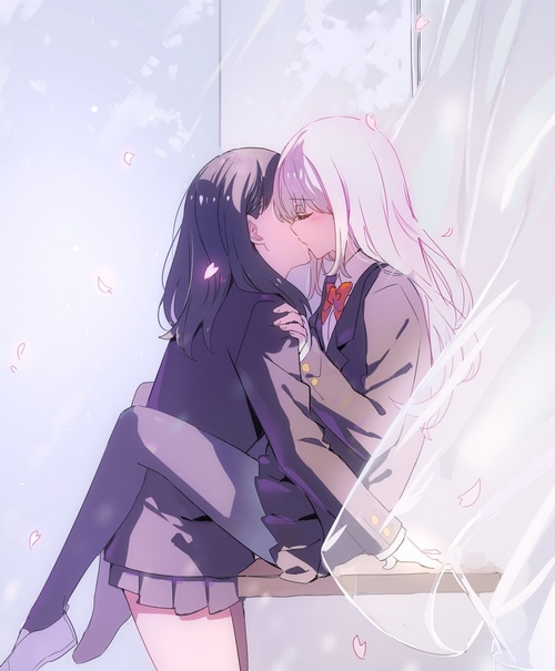 Rikka and Akane kissing in SSSS.GRIDMAN fan art