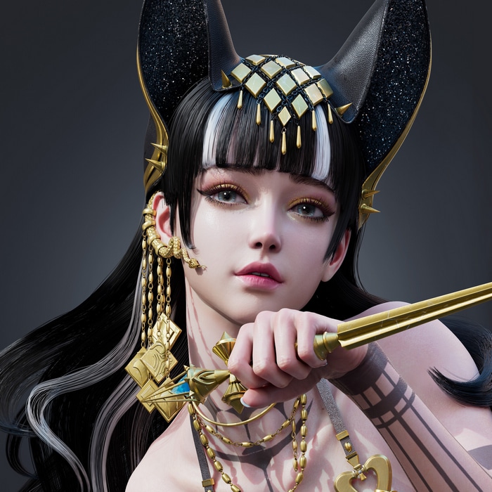 Woman with black hair and gold jewelry holding a dagger