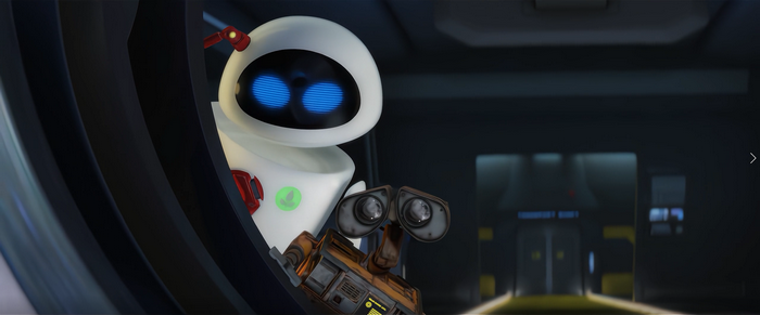 WALL-E and EVE in a spaceship corridor