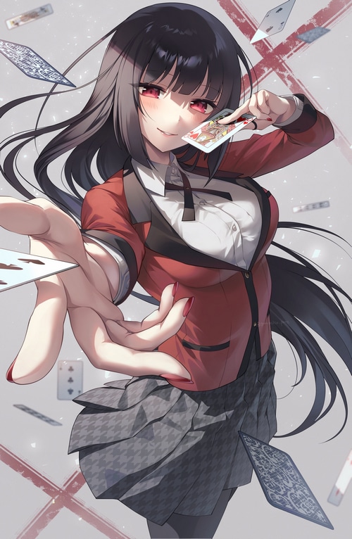 Jabami Yumeko holding cards with red eyes