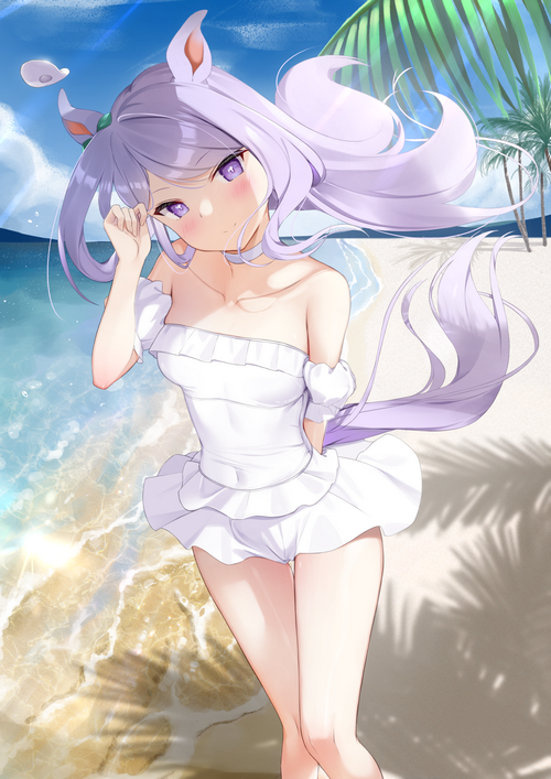 Mejiro McQueen in a white swimsuit on a beach