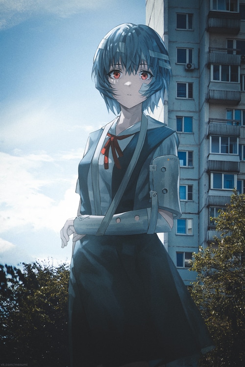Ayanami Rei from Neon Genesis Evangelion with an arm cast