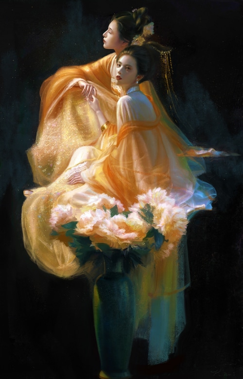 Two women in orange dresses with flowers