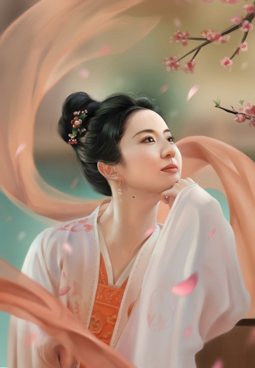 Asian woman with flowers in her hair