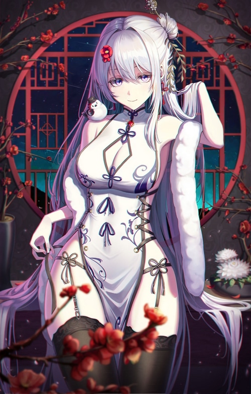 Anime girl in Chinese dress with purple eyes