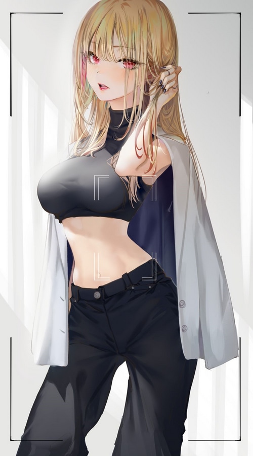 Kitagawa Marin in black outfit and white jacket