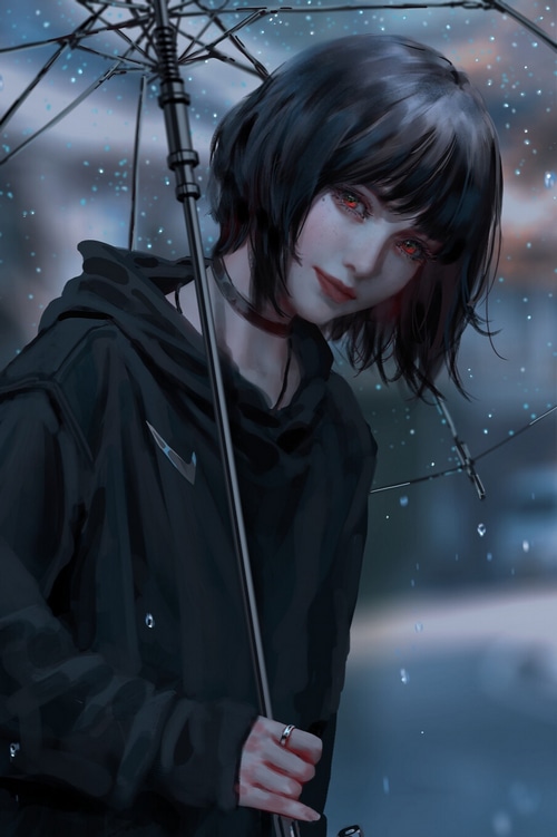 Girl with red eyes holding an umbrella in the rain