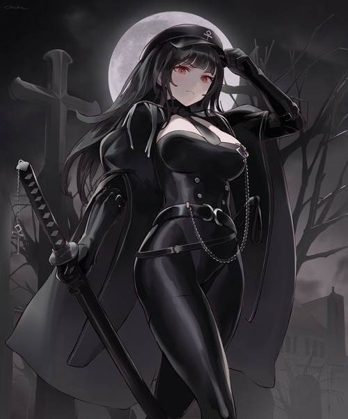 Anime girl with red eyes and sword in cemetery