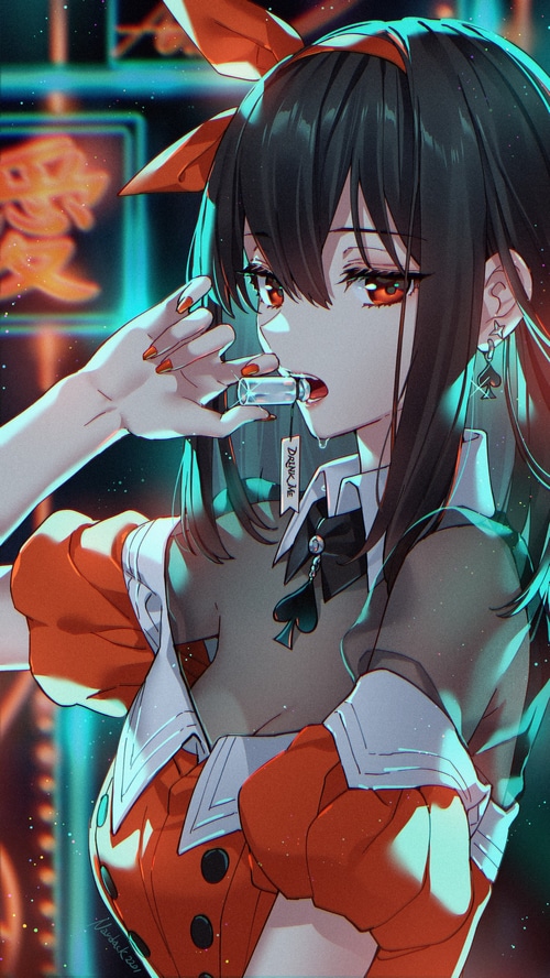 Anime girl with red eyes and spades motif
