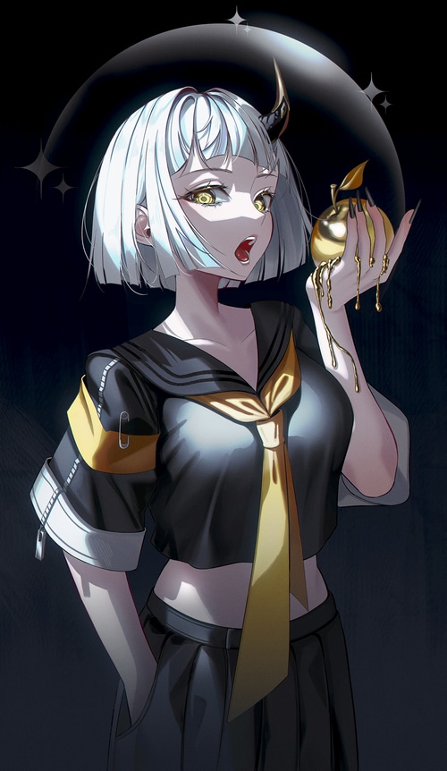 Girl with yellow eyes holding a golden apple