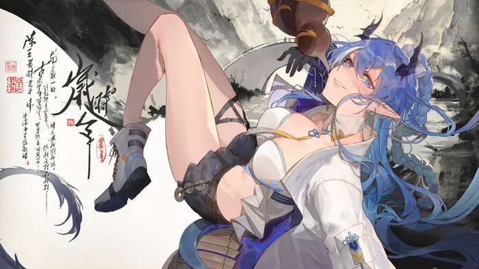 Arknights Ling with blue hair and horns