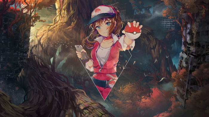 Girl with Poke Ball and phone in a ruined forest