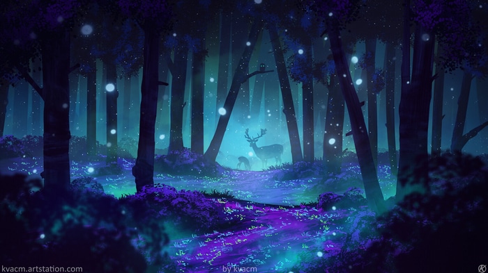 Deer and fawn in a magical forest with fireflies