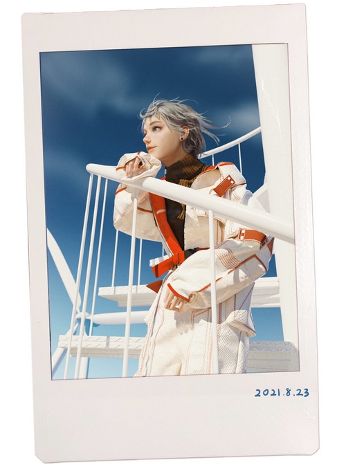 Woman with silver hair on stairs