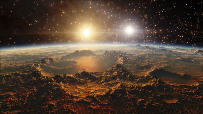 4K alien planet landscape with twin suns and stars