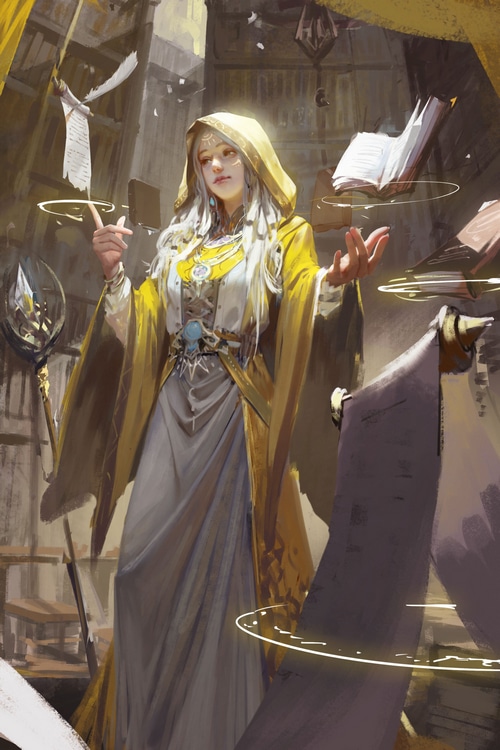 Woman in yellow robe with books