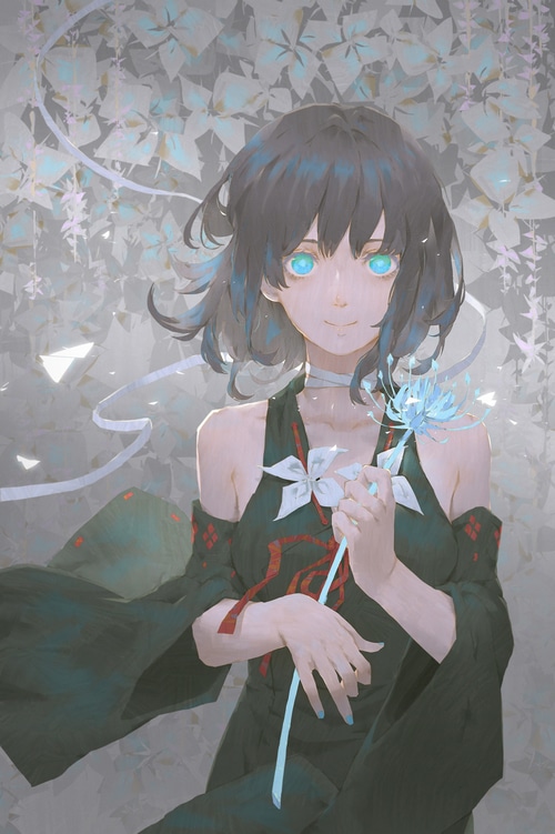Woman with blue eyes holding a blue flower