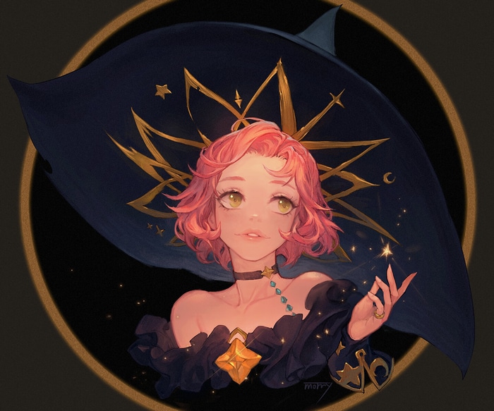 Morry the witch with pink hair and a star hat