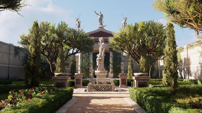 Assassin's Creed Origins screenshot of a garden with statues