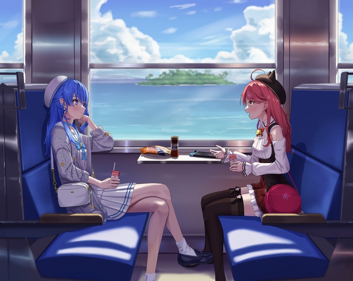 Hoshimachi Suisei and Sakura Miko on a Train