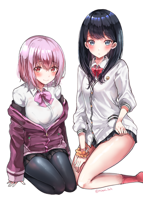 Two anime girls with pink and black hair