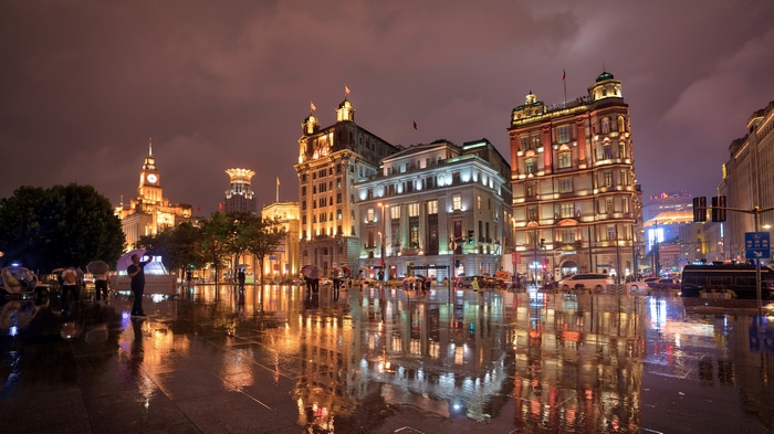 4K Shanghai buildings at night with reflections