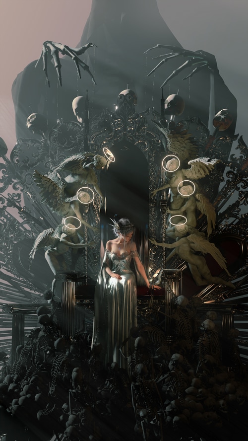 4K WLOP Artwork of a Queen on a Throne of Skeletons