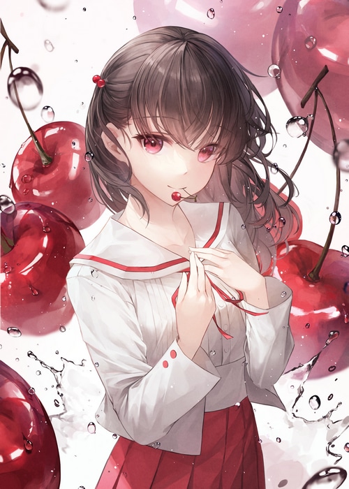 Girl with cherries and water drops