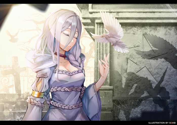Anime girl with white hair and doves in a graveyard
