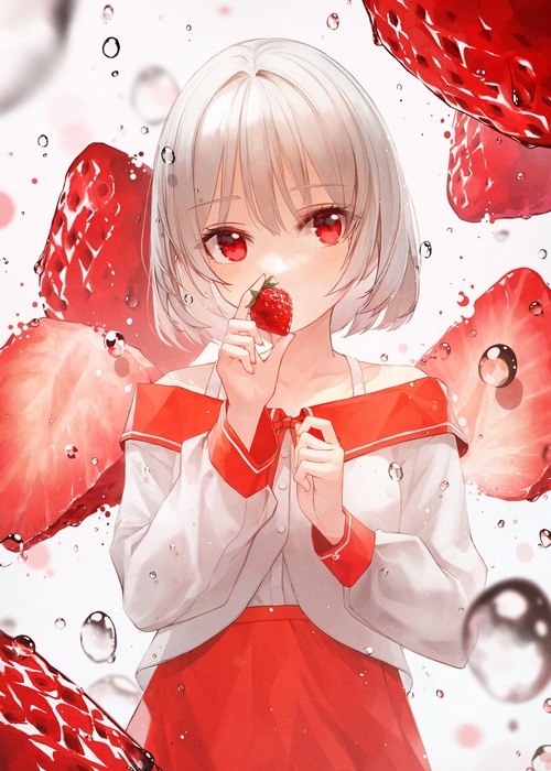 Anime girl with red eyes and strawberries
